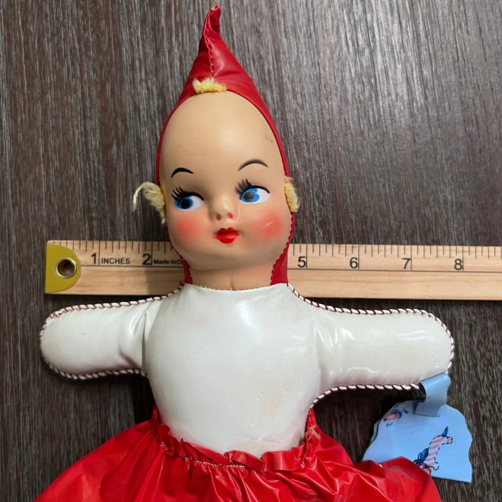 Vintage Elf Doll Plush‎ Toy Red Vinyl Dress Blue Eyes Creepycore Decor